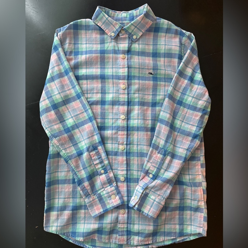 Vineyard Vines Boys’ Whale Shirt in Blue, Pink and Green Plaid